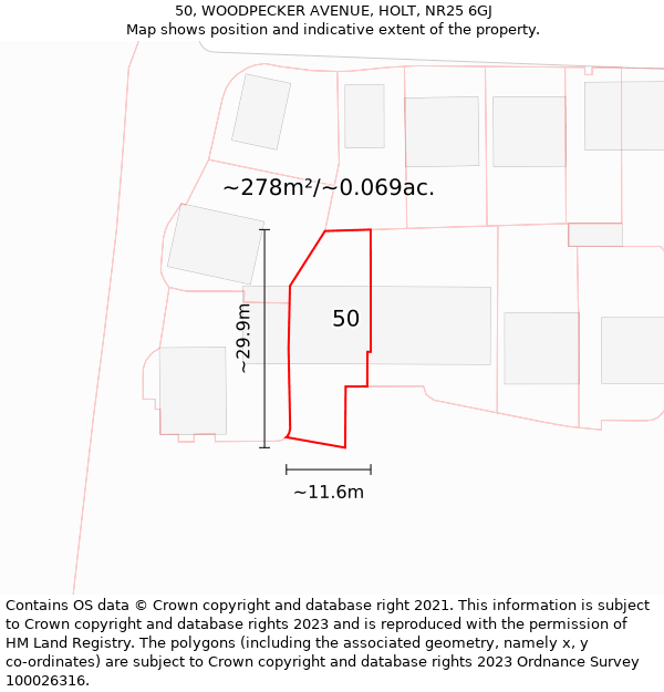 50, WOODPECKER AVENUE, HOLT, NR25 6GJ: Plot and title map