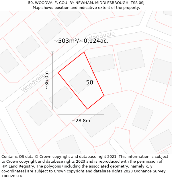 50, WOODVALE, COULBY NEWHAM, MIDDLESBROUGH, TS8 0SJ: Plot and title map