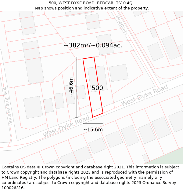 500, WEST DYKE ROAD, REDCAR, TS10 4QL: Plot and title map