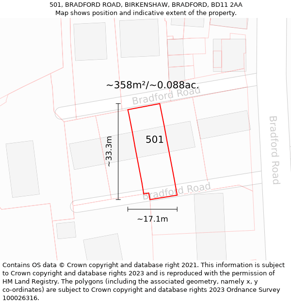 501, BRADFORD ROAD, BIRKENSHAW, BRADFORD, BD11 2AA: Plot and title map
