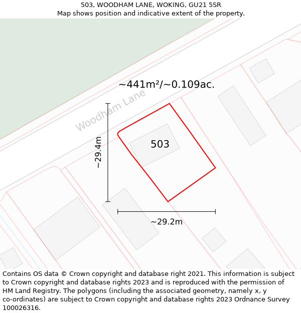 503, WOODHAM LANE, WOKING, GU21 5SR: Plot and title map