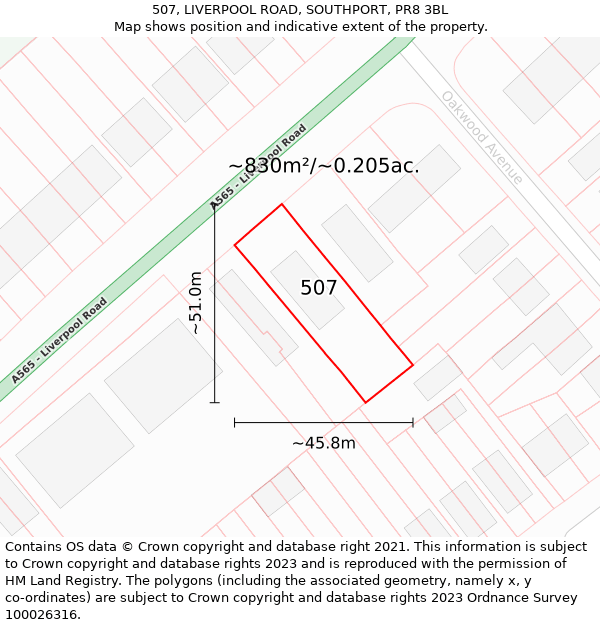 507, LIVERPOOL ROAD, SOUTHPORT, PR8 3BL: Plot and title map