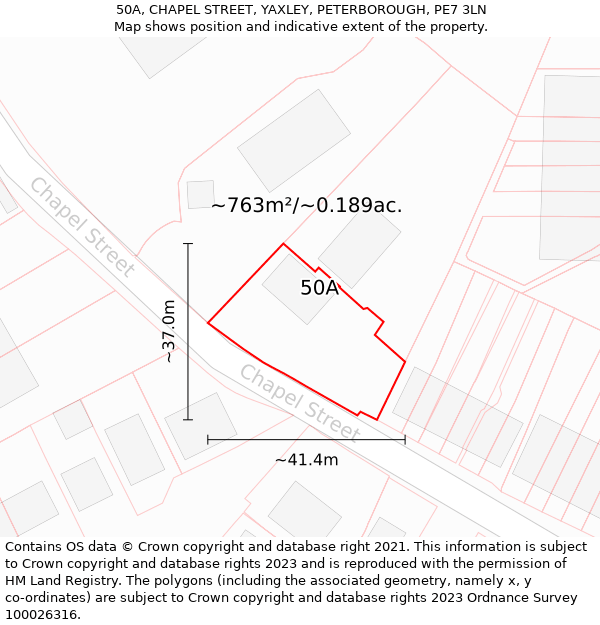 50A, CHAPEL STREET, YAXLEY, PETERBOROUGH, PE7 3LN: Plot and title map