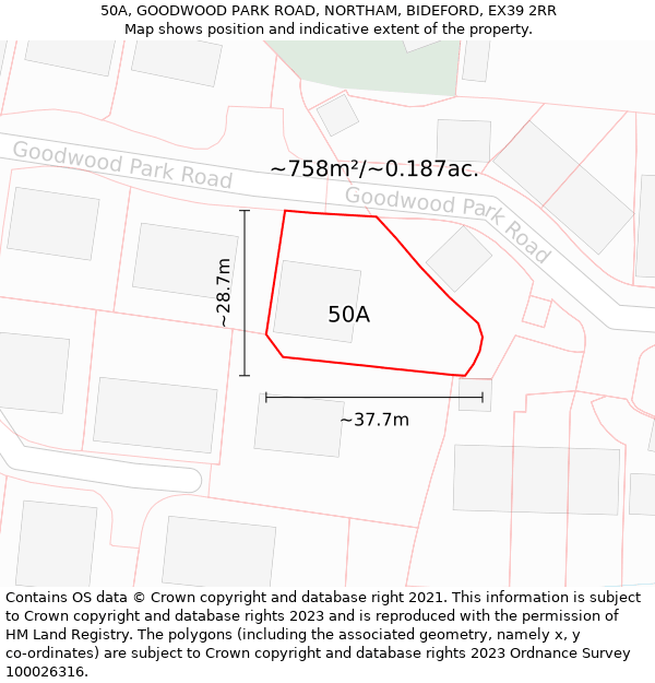 50A, GOODWOOD PARK ROAD, NORTHAM, BIDEFORD, EX39 2RR: Plot and title map