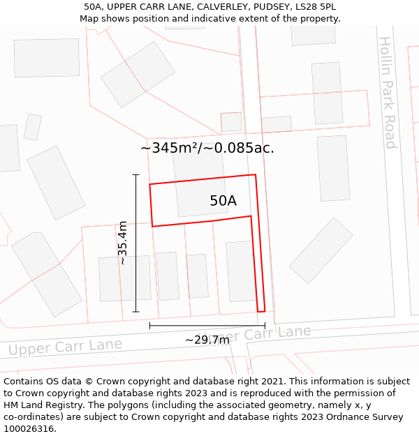 50A, UPPER CARR LANE, CALVERLEY, PUDSEY, LS28 5PL: Plot and title map