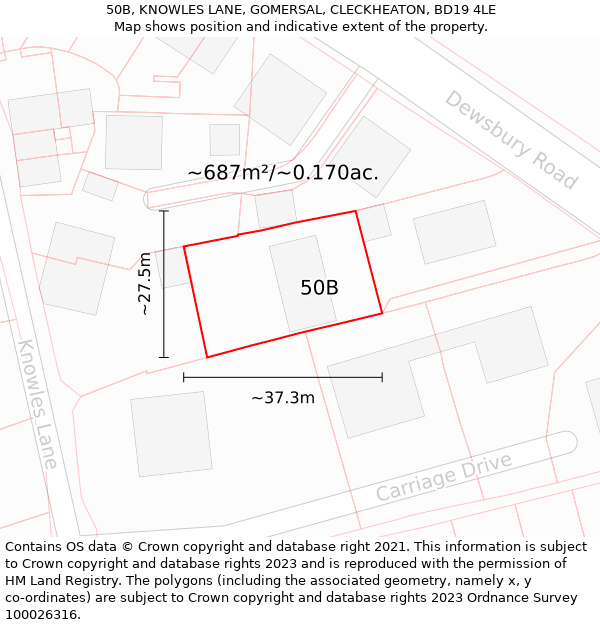 50B, KNOWLES LANE, GOMERSAL, CLECKHEATON, BD19 4LE: Plot and title map