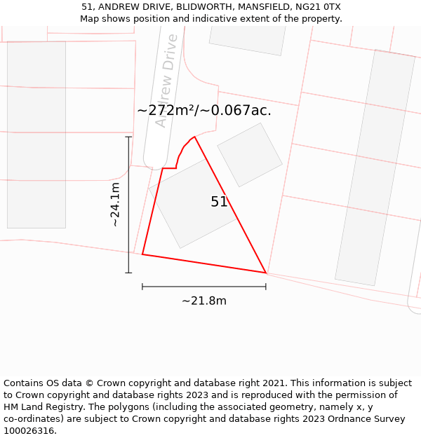 51, ANDREW DRIVE, BLIDWORTH, MANSFIELD, NG21 0TX: Plot and title map