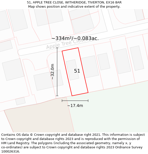 51, APPLE TREE CLOSE, WITHERIDGE, TIVERTON, EX16 8AR: Plot and title map