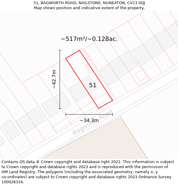 51, BAGWORTH ROAD, NAILSTONE, NUNEATON, CV13 0QJ: Plot and title map