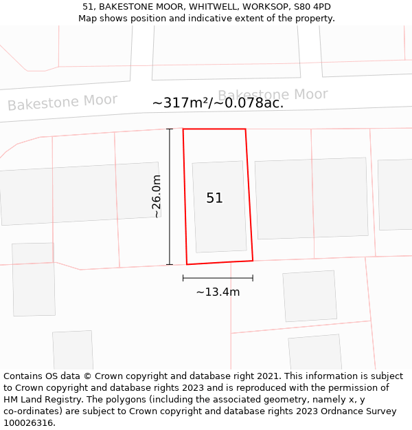 51, BAKESTONE MOOR, WHITWELL, WORKSOP, S80 4PD: Plot and title map