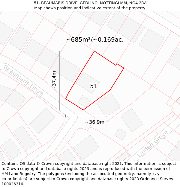 51, BEAUMARIS DRIVE, GEDLING, NOTTINGHAM, NG4 2RA: Plot and title map