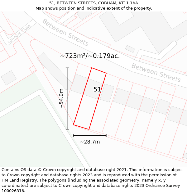 51, BETWEEN STREETS, COBHAM, KT11 1AA: Plot and title map