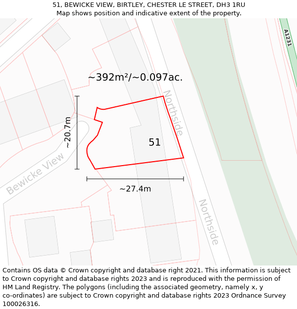 51, BEWICKE VIEW, BIRTLEY, CHESTER LE STREET, DH3 1RU: Plot and title map