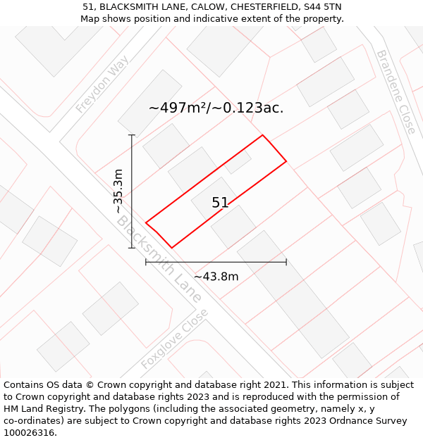 51, BLACKSMITH LANE, CALOW, CHESTERFIELD, S44 5TN: Plot and title map