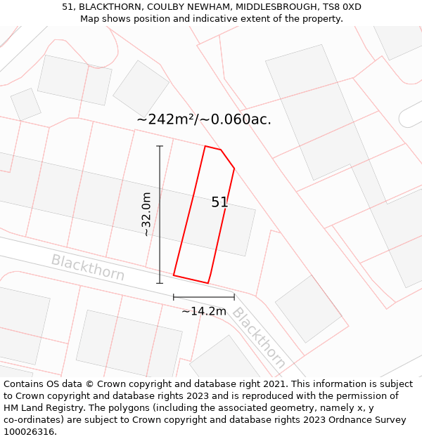 51, BLACKTHORN, COULBY NEWHAM, MIDDLESBROUGH, TS8 0XD: Plot and title map