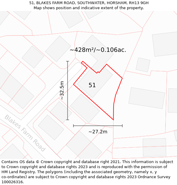 51, BLAKES FARM ROAD, SOUTHWATER, HORSHAM, RH13 9GH: Plot and title map