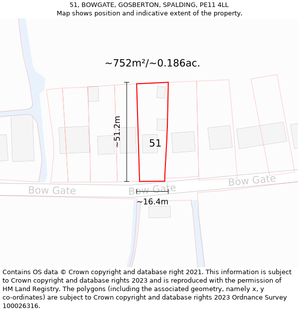 51, BOWGATE, GOSBERTON, SPALDING, PE11 4LL: Plot and title map