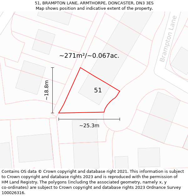 51, BRAMPTON LANE, ARMTHORPE, DONCASTER, DN3 3ES: Plot and title map