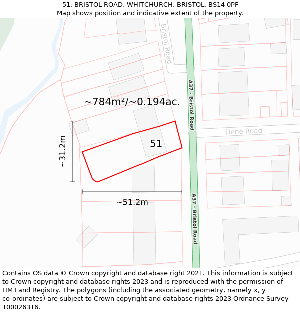 51, BRISTOL ROAD, WHITCHURCH, BRISTOL, BS14 0PF: Plot and title map
