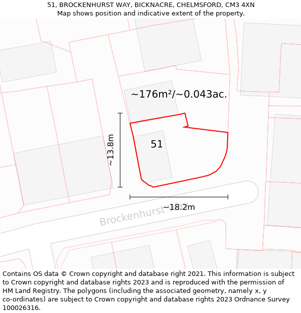 51, BROCKENHURST WAY, BICKNACRE, CHELMSFORD, CM3 4XN: Plot and title map