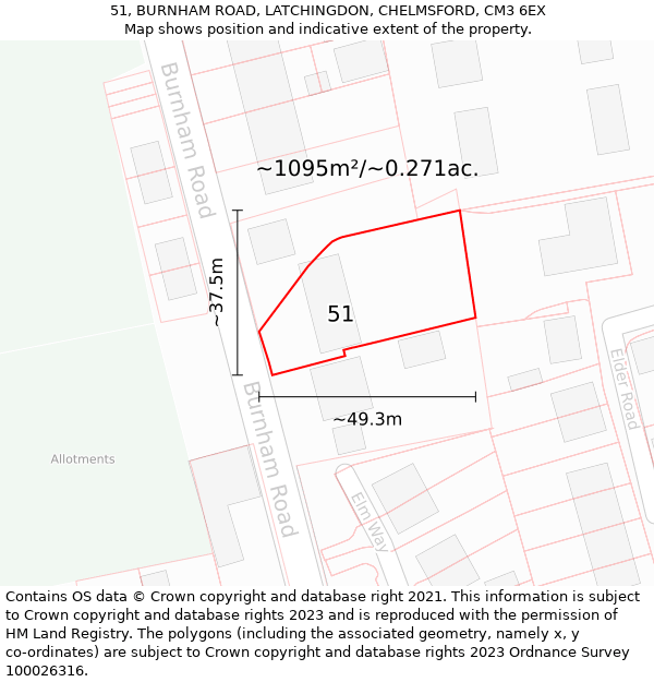 51, BURNHAM ROAD, LATCHINGDON, CHELMSFORD, CM3 6EX: Plot and title map