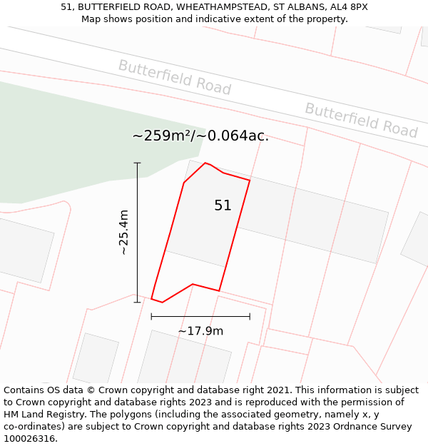 51, BUTTERFIELD ROAD, WHEATHAMPSTEAD, ST ALBANS, AL4 8PX: Plot and title map