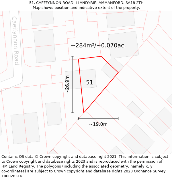 51, CAEFFYNNON ROAD, LLANDYBIE, AMMANFORD, SA18 2TH: Plot and title map