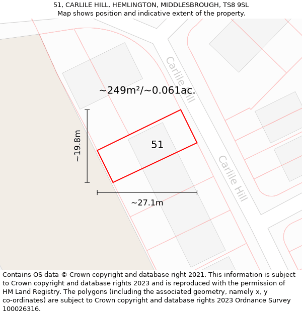 51, CARLILE HILL, HEMLINGTON, MIDDLESBROUGH, TS8 9SL: Plot and title map