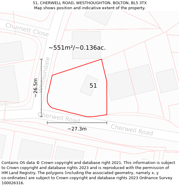 51, CHERWELL ROAD, WESTHOUGHTON, BOLTON, BL5 3TX: Plot and title map