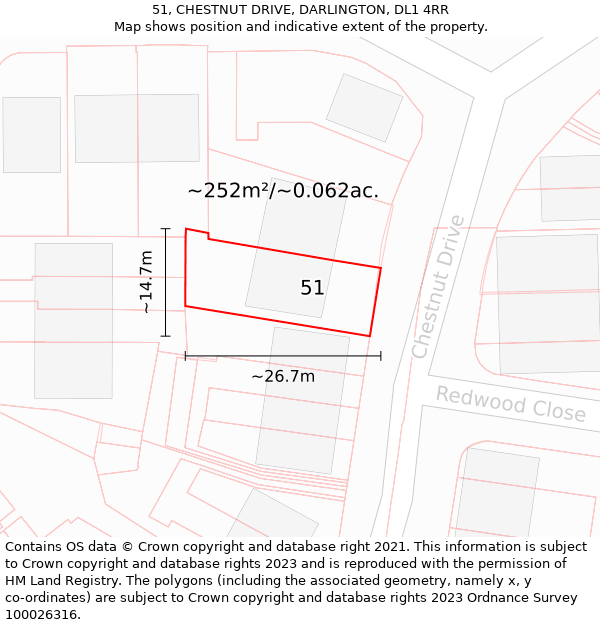 51, CHESTNUT DRIVE, DARLINGTON, DL1 4RR: Plot and title map