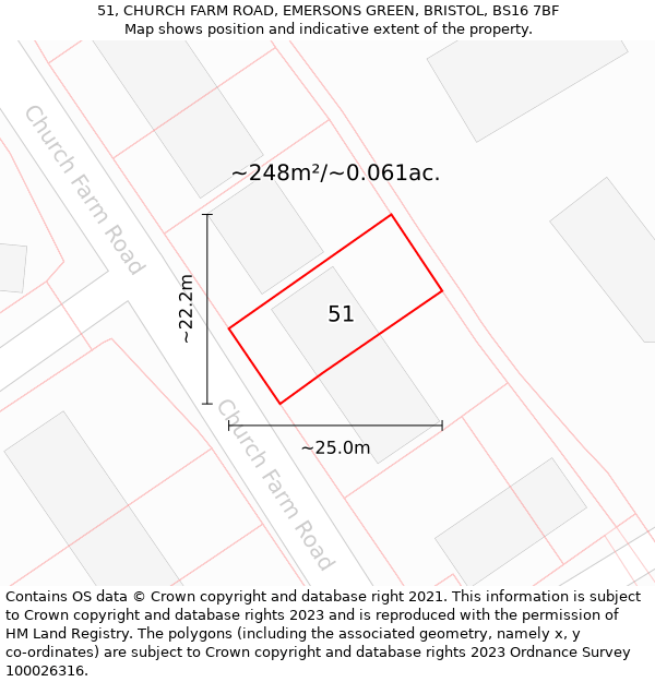 51, CHURCH FARM ROAD, EMERSONS GREEN, BRISTOL, BS16 7BF: Plot and title map