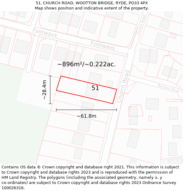 51, CHURCH ROAD, WOOTTON BRIDGE, RYDE, PO33 4PX: Plot and title map
