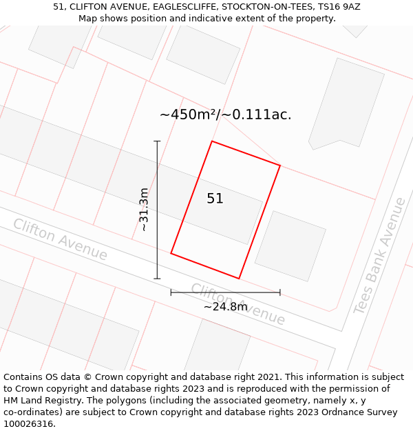 51, CLIFTON AVENUE, EAGLESCLIFFE, STOCKTON-ON-TEES, TS16 9AZ: Plot and title map