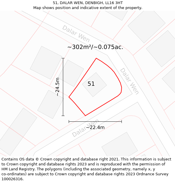 51, DALAR WEN, DENBIGH, LL16 3HT: Plot and title map