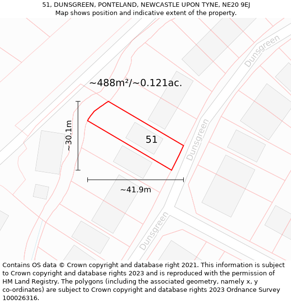 51, DUNSGREEN, PONTELAND, NEWCASTLE UPON TYNE, NE20 9EJ: Plot and title map