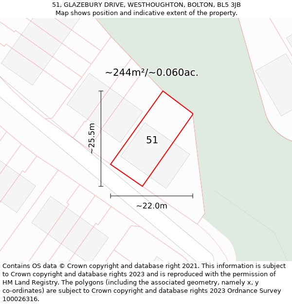 51, GLAZEBURY DRIVE, WESTHOUGHTON, BOLTON, BL5 3JB: Plot and title map