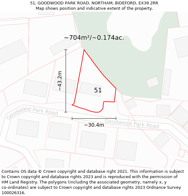 51, GOODWOOD PARK ROAD, NORTHAM, BIDEFORD, EX39 2RR: Plot and title map