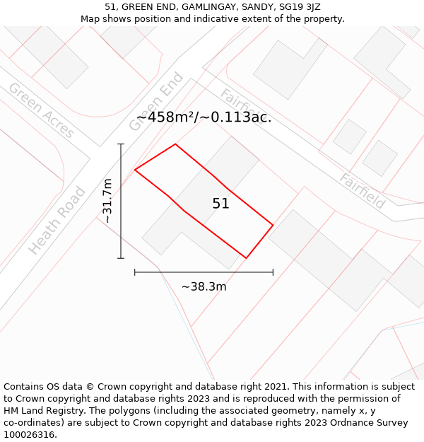 51, GREEN END, GAMLINGAY, SANDY, SG19 3JZ: Plot and title map