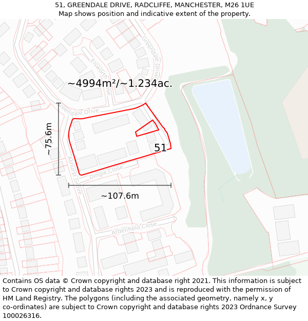 51, GREENDALE DRIVE, RADCLIFFE, MANCHESTER, M26 1UE: Plot and title map