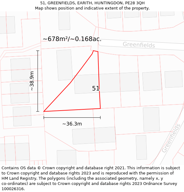 51, GREENFIELDS, EARITH, HUNTINGDON, PE28 3QH: Plot and title map