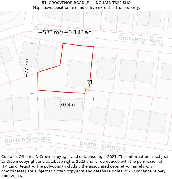 51, GROSVENOR ROAD, BILLINGHAM, TS22 5HQ: Plot and title map