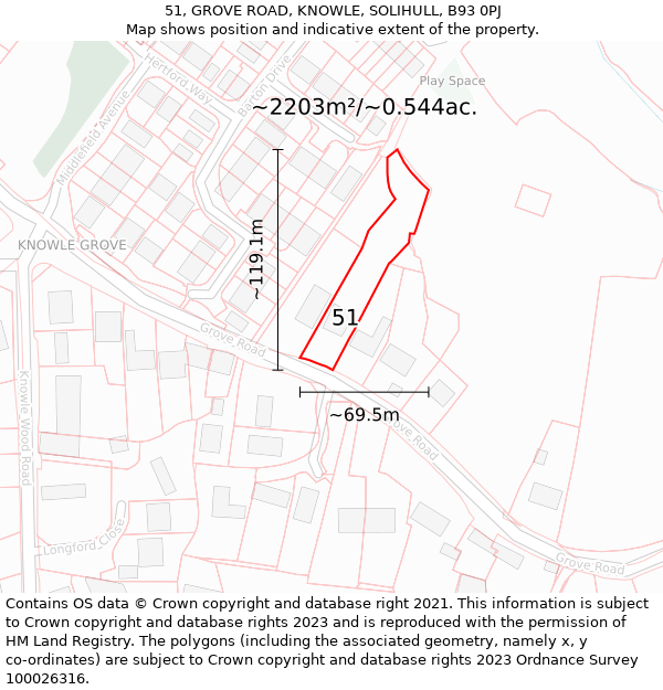 51, GROVE ROAD, KNOWLE, SOLIHULL, B93 0PJ: Plot and title map