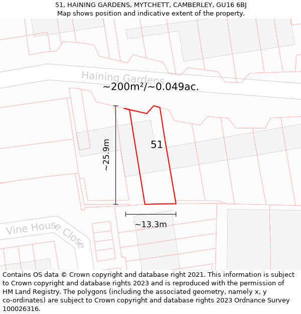 51, HAINING GARDENS, MYTCHETT, CAMBERLEY, GU16 6BJ: Plot and title map