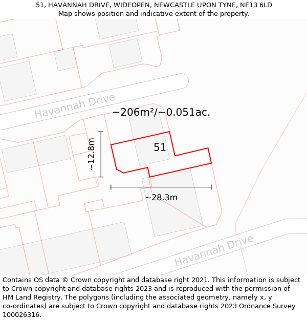 51, HAVANNAH DRIVE, WIDEOPEN, NEWCASTLE UPON TYNE, NE13 6LD: Plot and title map