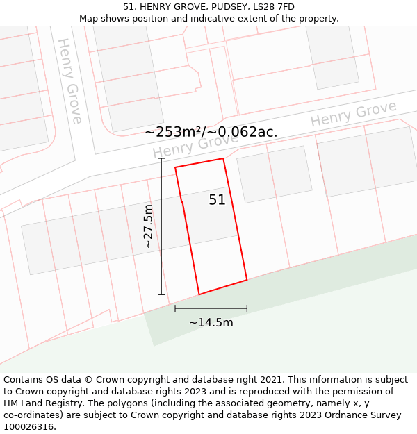 51, HENRY GROVE, PUDSEY, LS28 7FD: Plot and title map