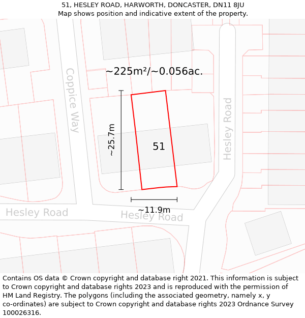 51, HESLEY ROAD, HARWORTH, DONCASTER, DN11 8JU: Plot and title map