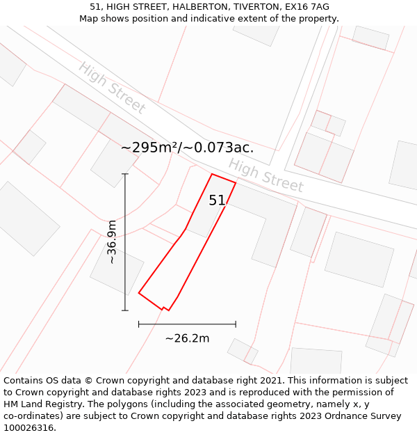 51, HIGH STREET, HALBERTON, TIVERTON, EX16 7AG: Plot and title map