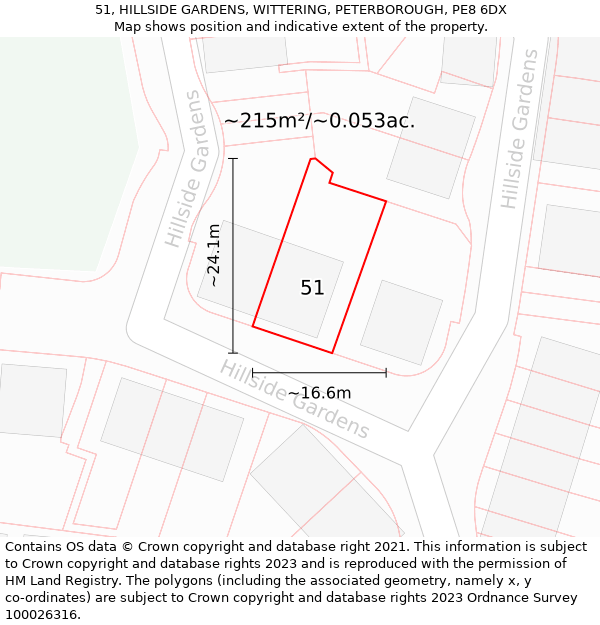 51, HILLSIDE GARDENS, WITTERING, PETERBOROUGH, PE8 6DX: Plot and title map