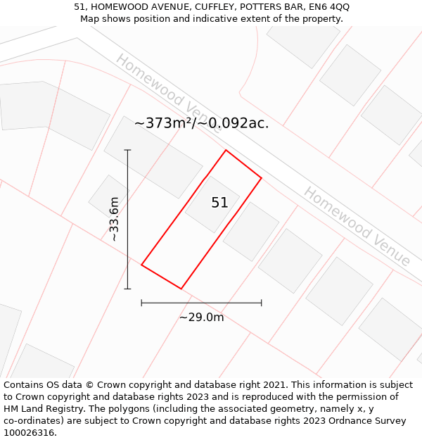 51, HOMEWOOD AVENUE, CUFFLEY, POTTERS BAR, EN6 4QQ: Plot and title map