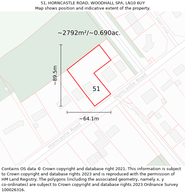 51, HORNCASTLE ROAD, WOODHALL SPA, LN10 6UY: Plot and title map